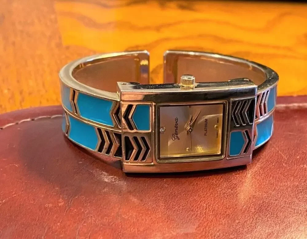 Women's 20mm Gold Tone Geneva Platinum Watch, Black and Green Accents